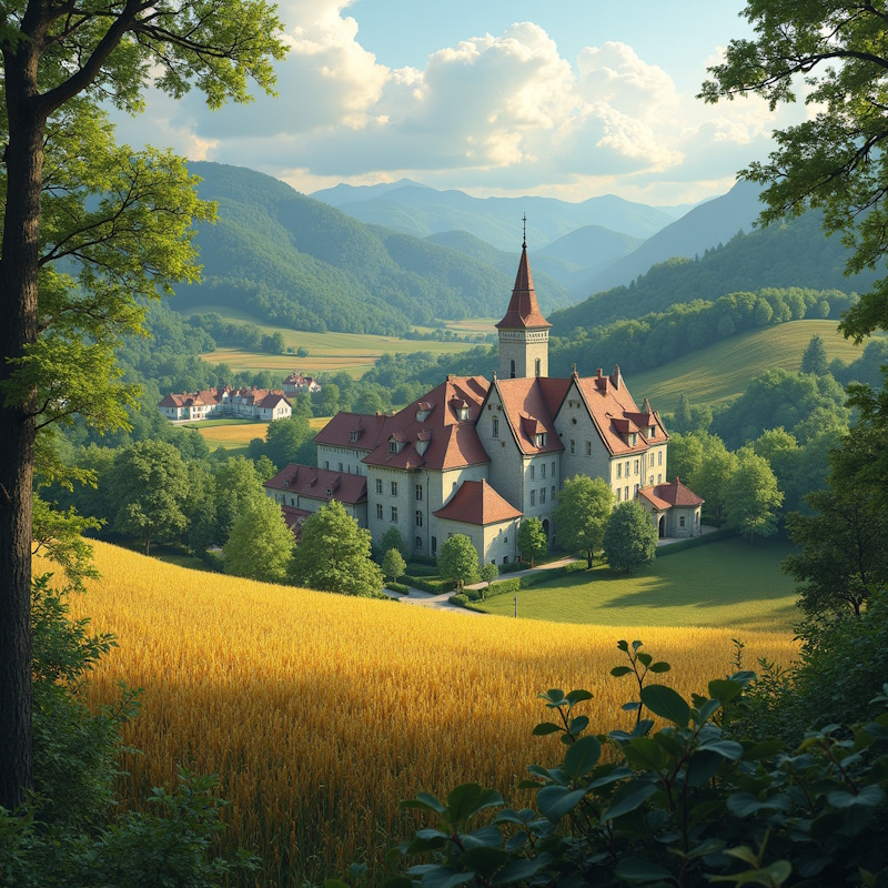 Dorf zwischen Feldern und Wäldern